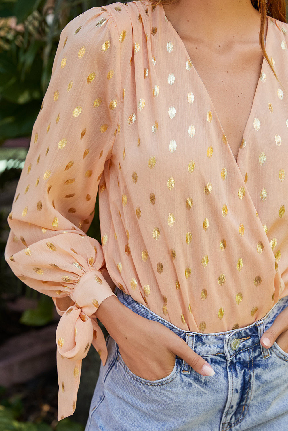 Orange Metallic Gold Polka Dot Surpliced Long Sleeves Shirts