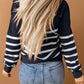 Striped Turtleneck Long Sleeve Sweater with Buttons