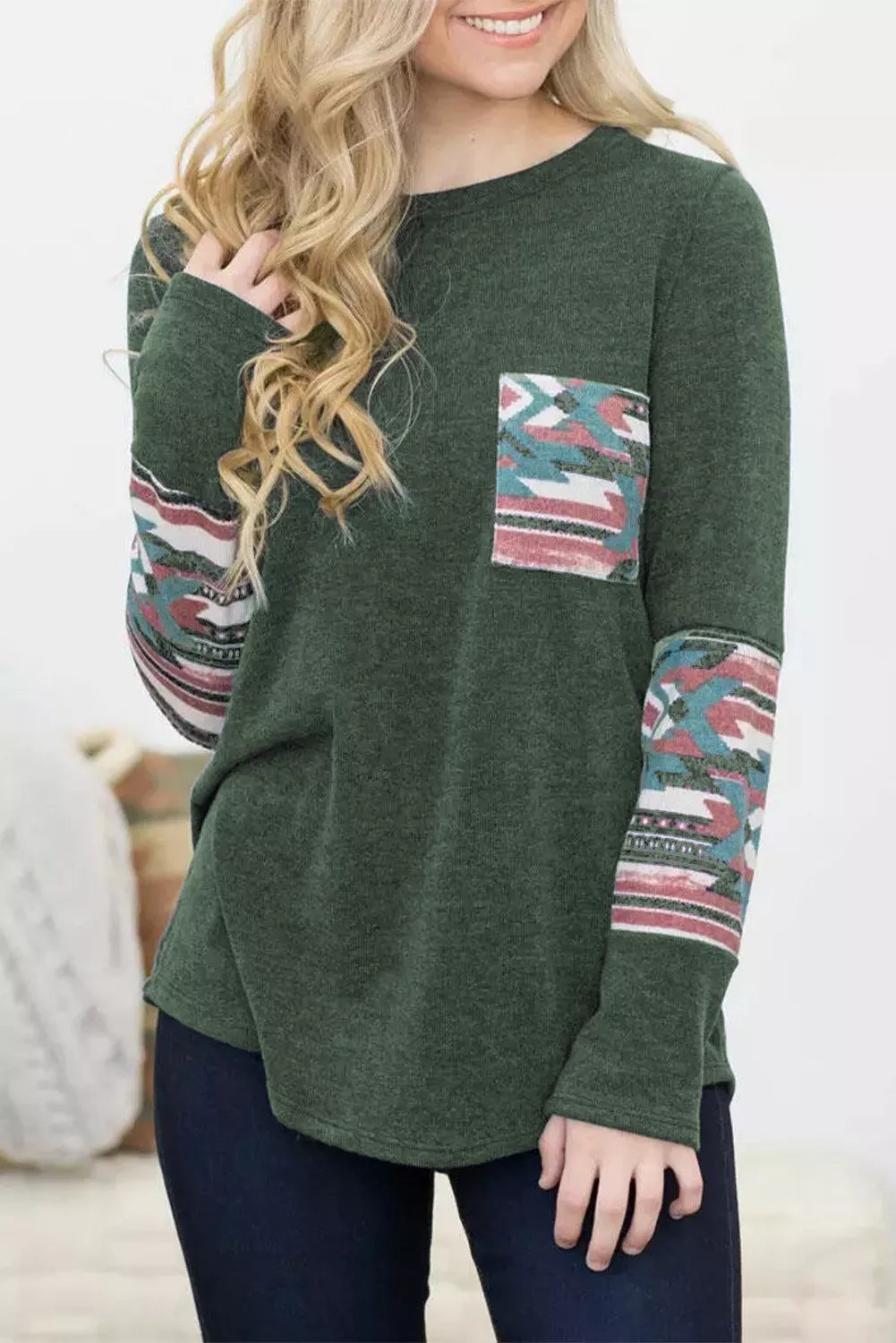 Green Aztec Patchwotk Long Sleeve Top