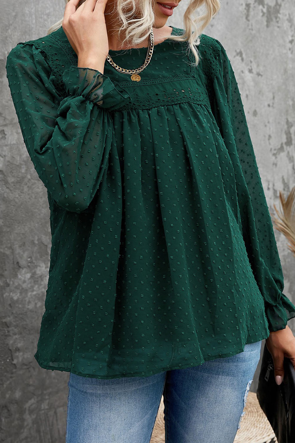 Green Swiss Dot Hollow Out Ruffle Sleeve Blouse