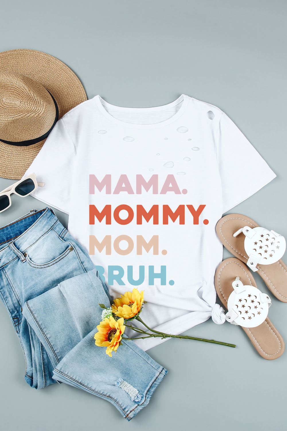 White Distressed Hole Decor Mommy Graphic Tee