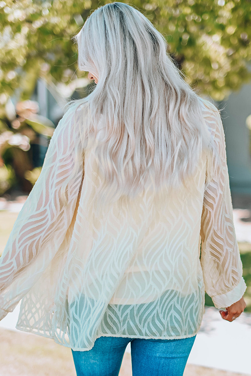 White Sheer Wavy Textured Button Front Blouse