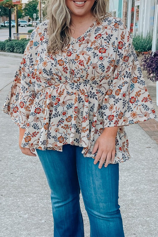 Apricot Plus Size Floral Print V Neck Peplum Blouse