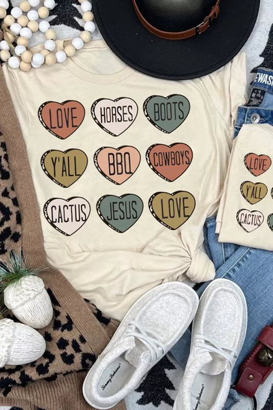 Khaki Heart Shaped Letters Print Crewneck Graphic Tee