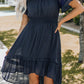 Blue Lace Ruffle Sleeve Cinch Waist Smocking Dress