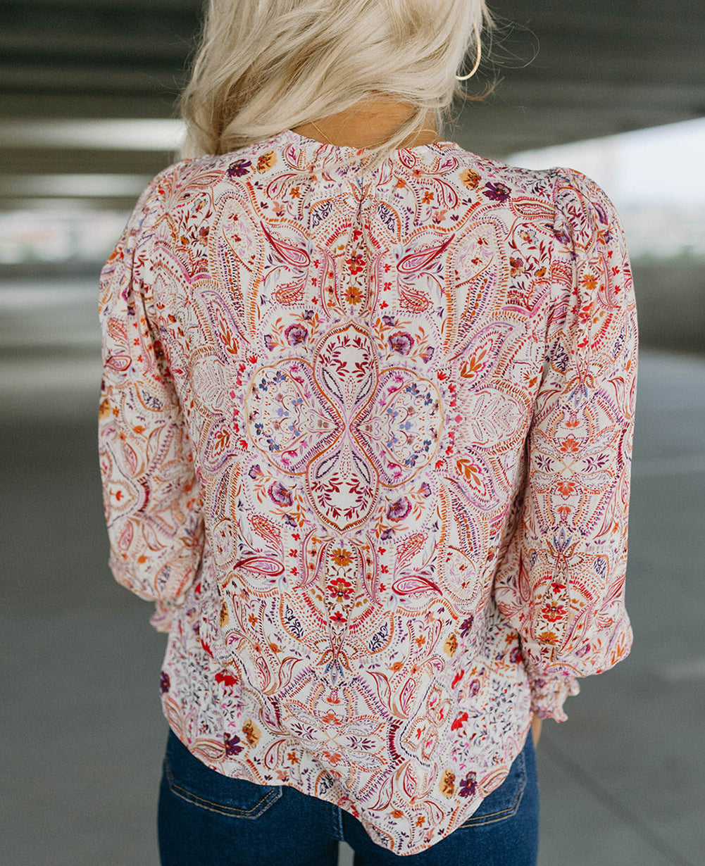 Red Vintage Boho Print Shirred Cuffs Blouse