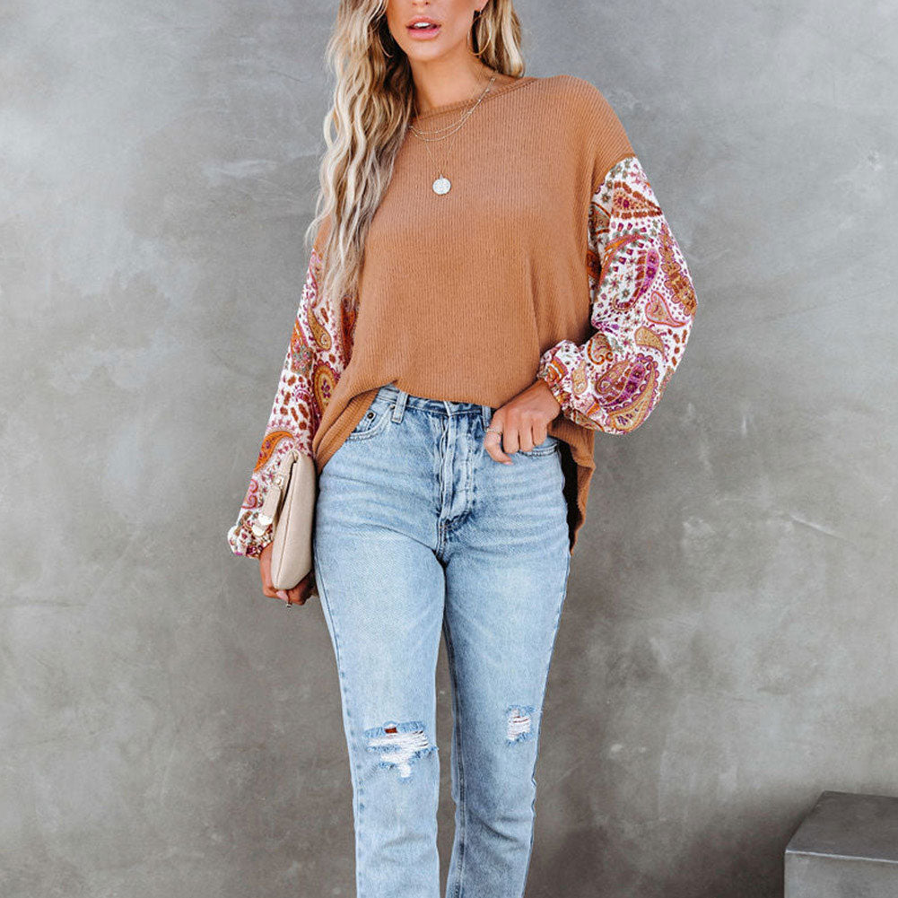 Paisley Contrast Bubble Sleeve Ribbed Top