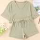 Split V Neck Crop Top and Drawstring Shorts Waffle Knit Set