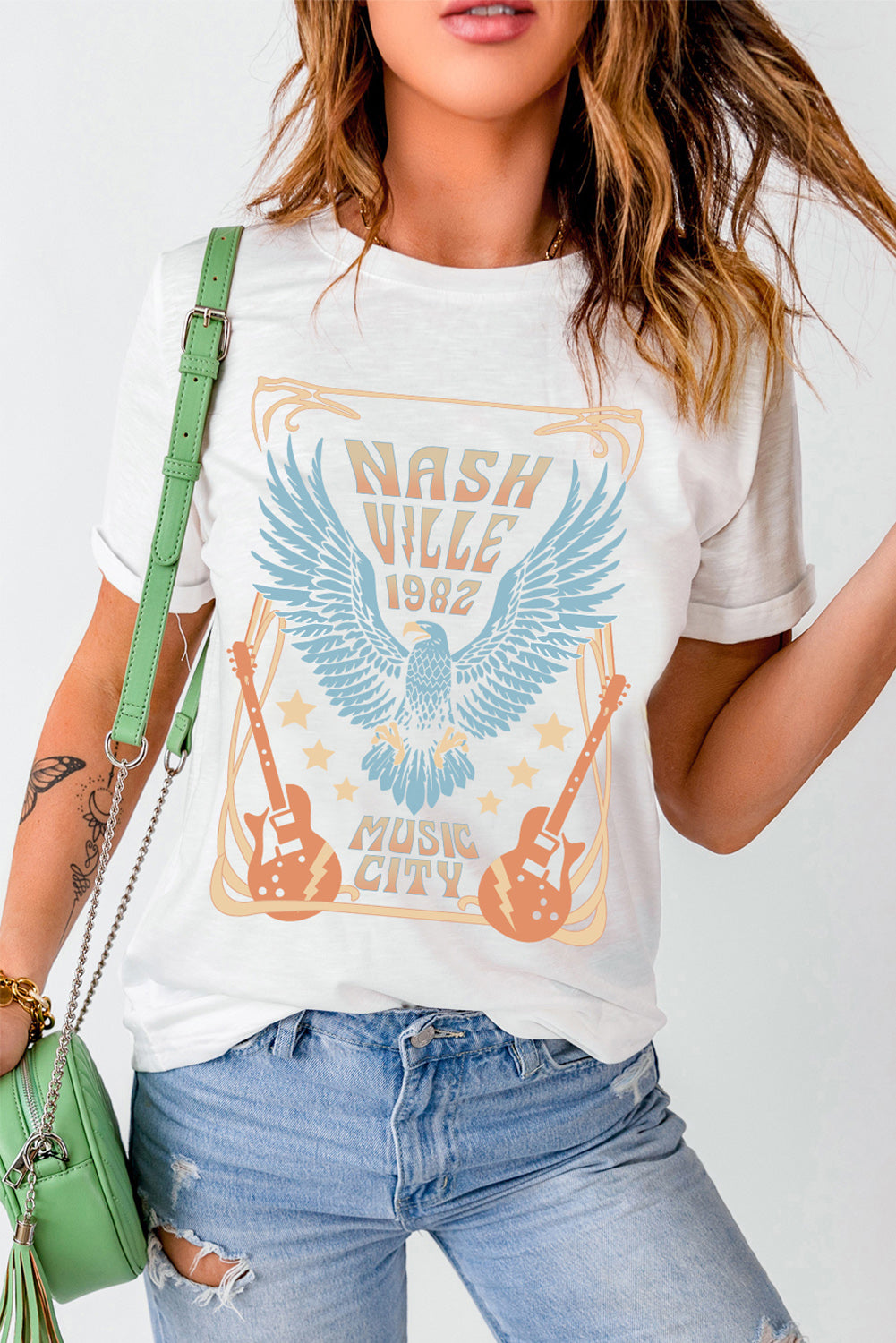 White NASHVILLE 1982 Eagle Graphic Print Casual T Shirt