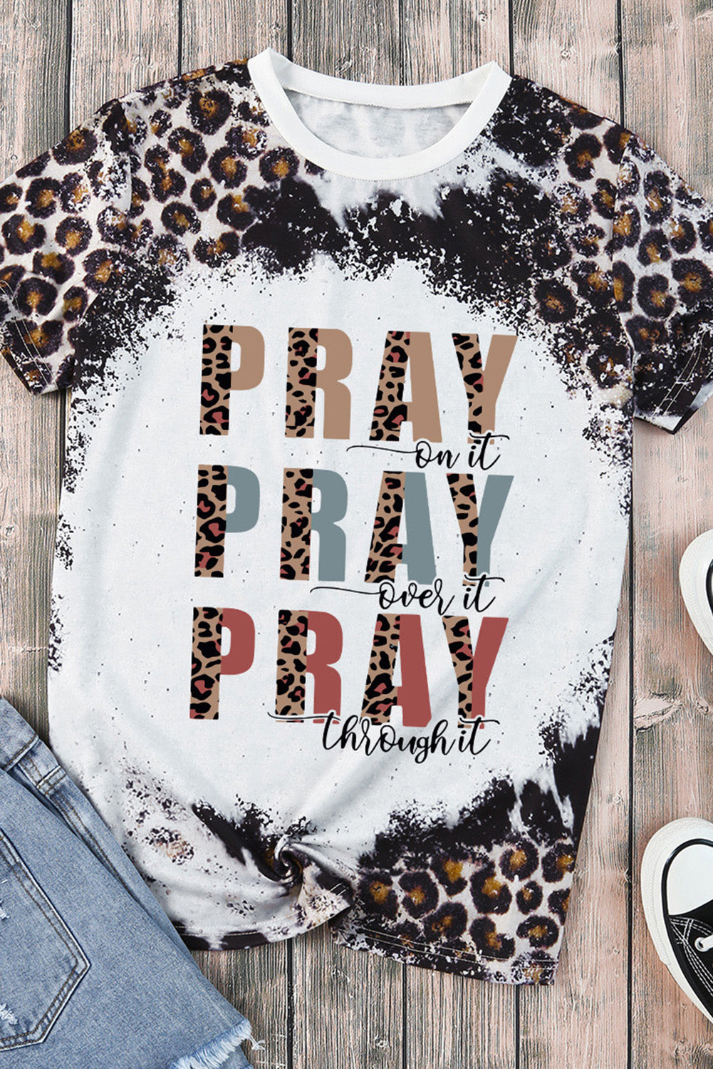 Leopard PRAY Slogan Bleached Dye Print Crewneck T Shirt