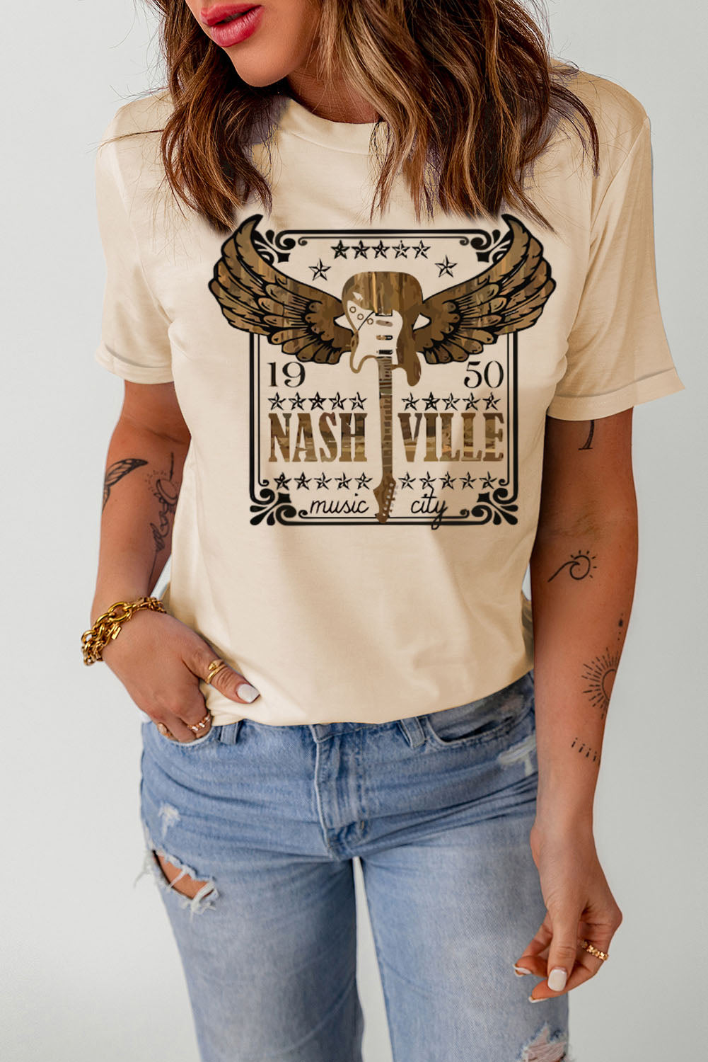 NASHVILLE Guitar Wings Graphic Print Crewneck T Shirt