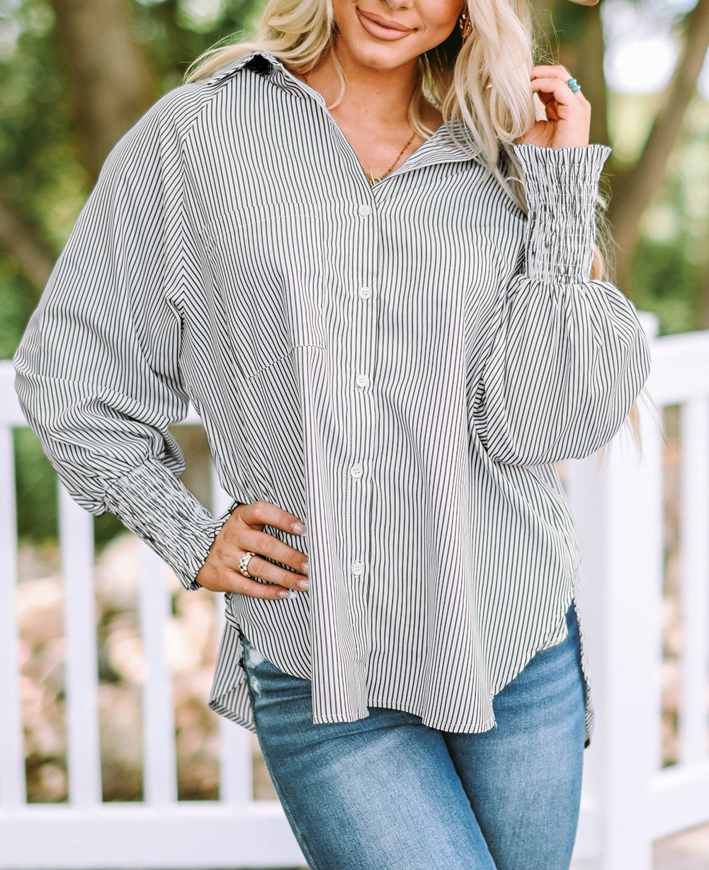 Smocked Cuffed Striped Boyfriend Shirt with Pocket