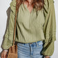 Green Split V Neck Ruffled Bubble Sleeves Blouse