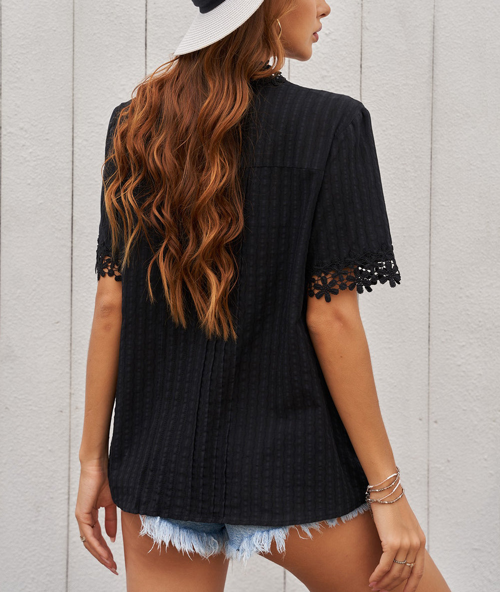 Crochet Hollow-out Lace Splicing Short Sleeve Top