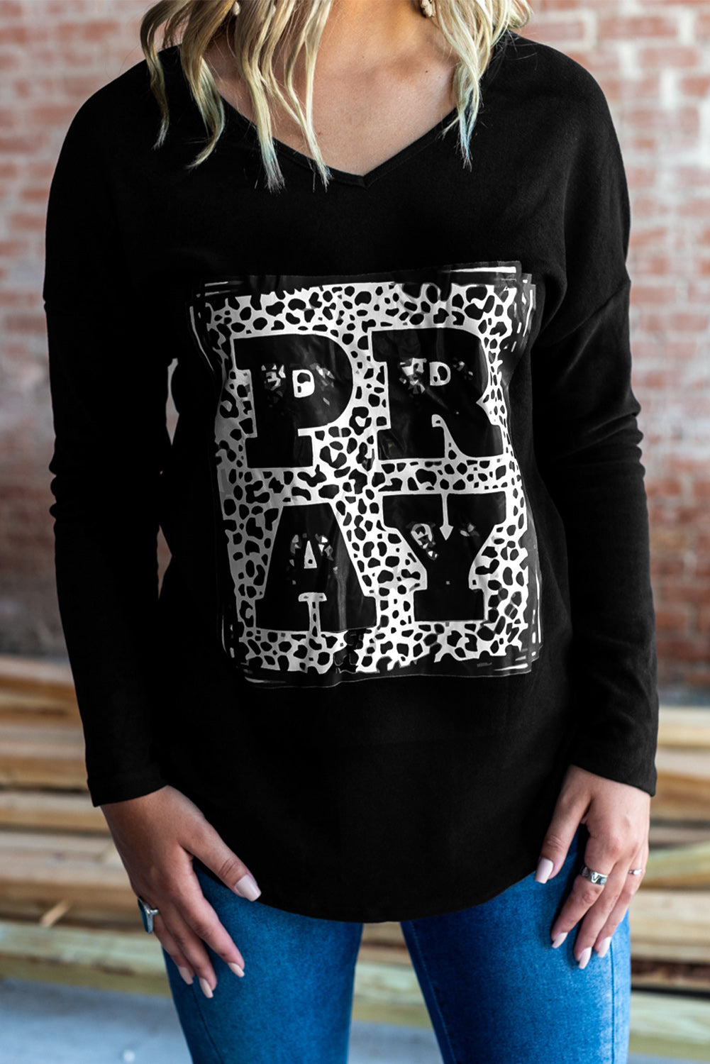 Leopard PRAY Graphic Long Sleeve T Shirt