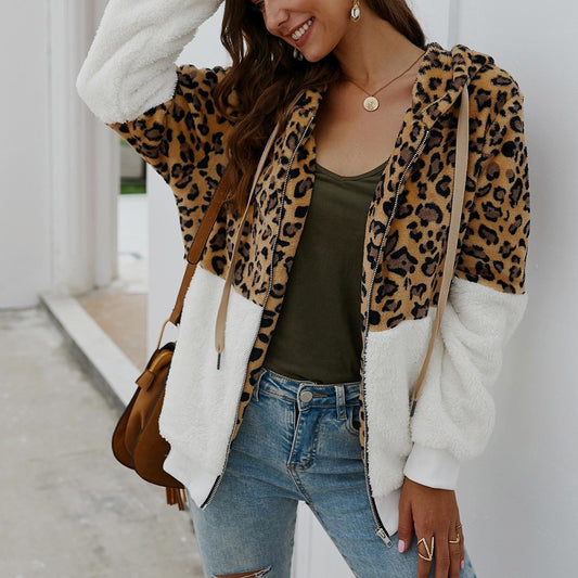 Winter leopard print patchwork hooded sweatshirt