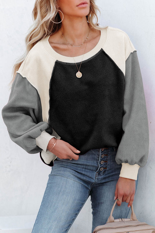 Gray Colorblock Long Sleeve Pullover Fleece Sweatshirt