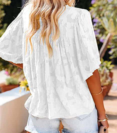 Paneled Lace Floral Flared-Sleeve Chiffon Top