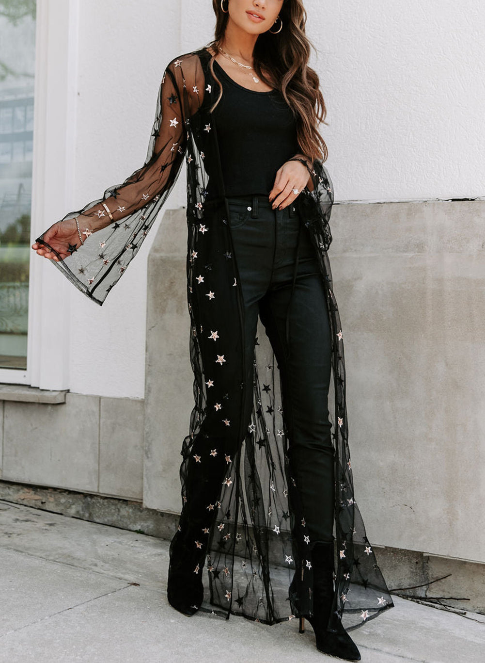 Black Starry Sheer Sequin Duster Kimono