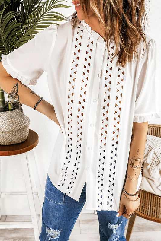 Frilled Hollow-out Short Sleeve Shirt