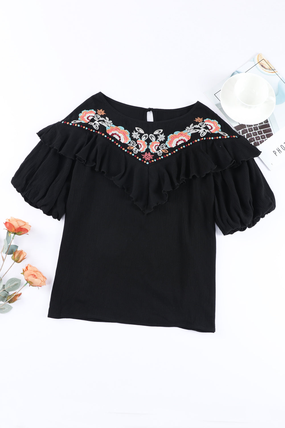 Black Floral Embroidered Flounce Puff Sleeve Blouse