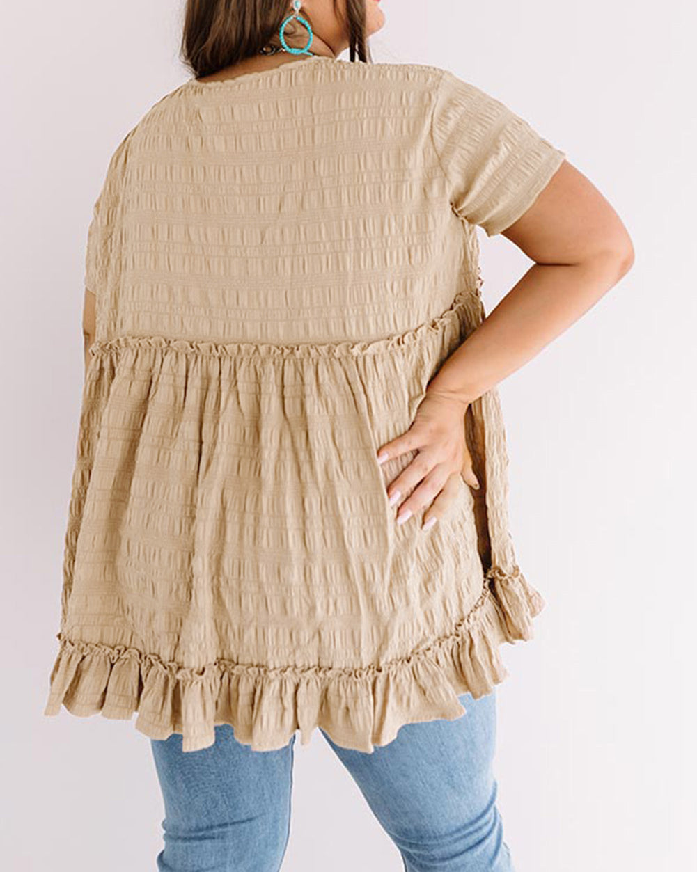 Khaki Plus Size Crinkle Textured Ruffle Trim Babydoll Top