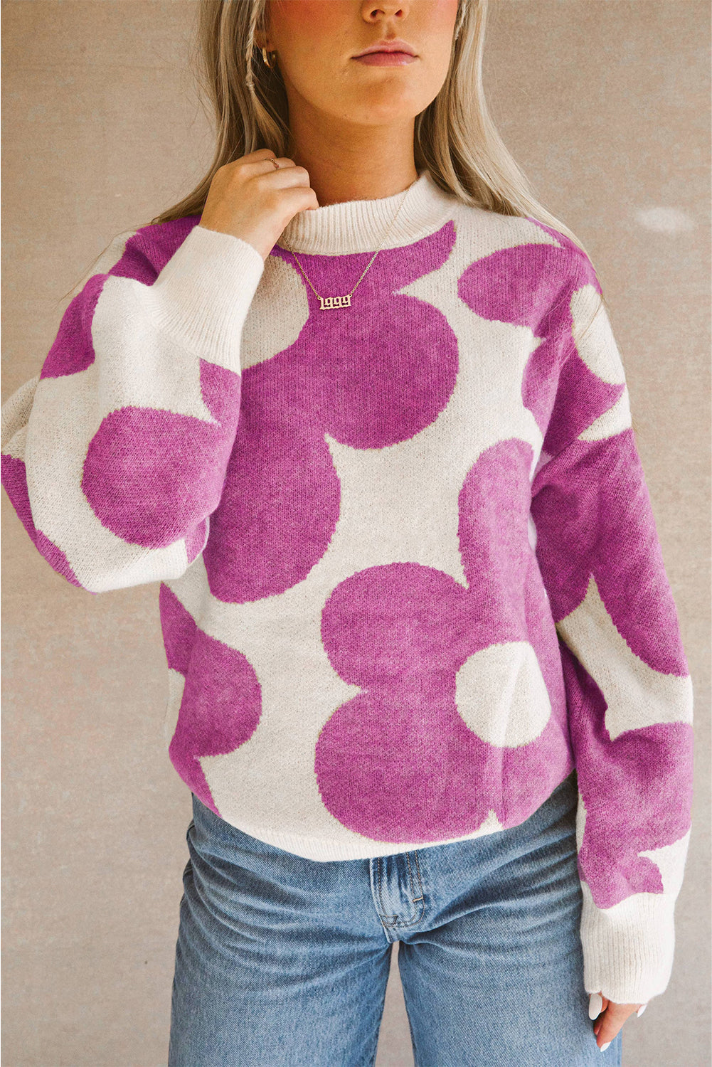 Big Flower Pattern Drop Shoulder Sweater