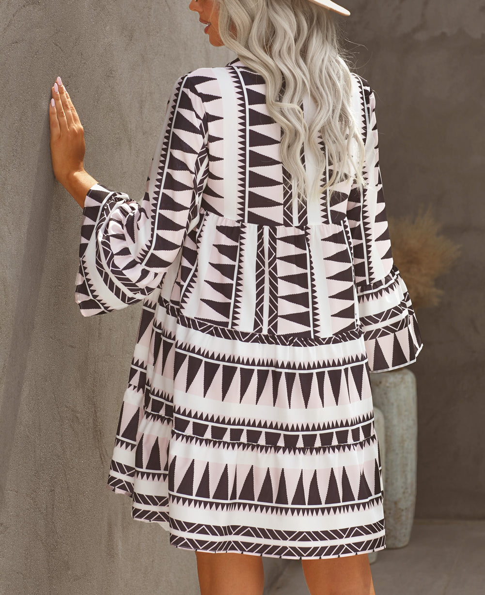 Geometric Print V neck Ruffle Swing Mini Dress