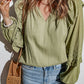 Green Split V Neck Ruffled Bubble Sleeves Blouse