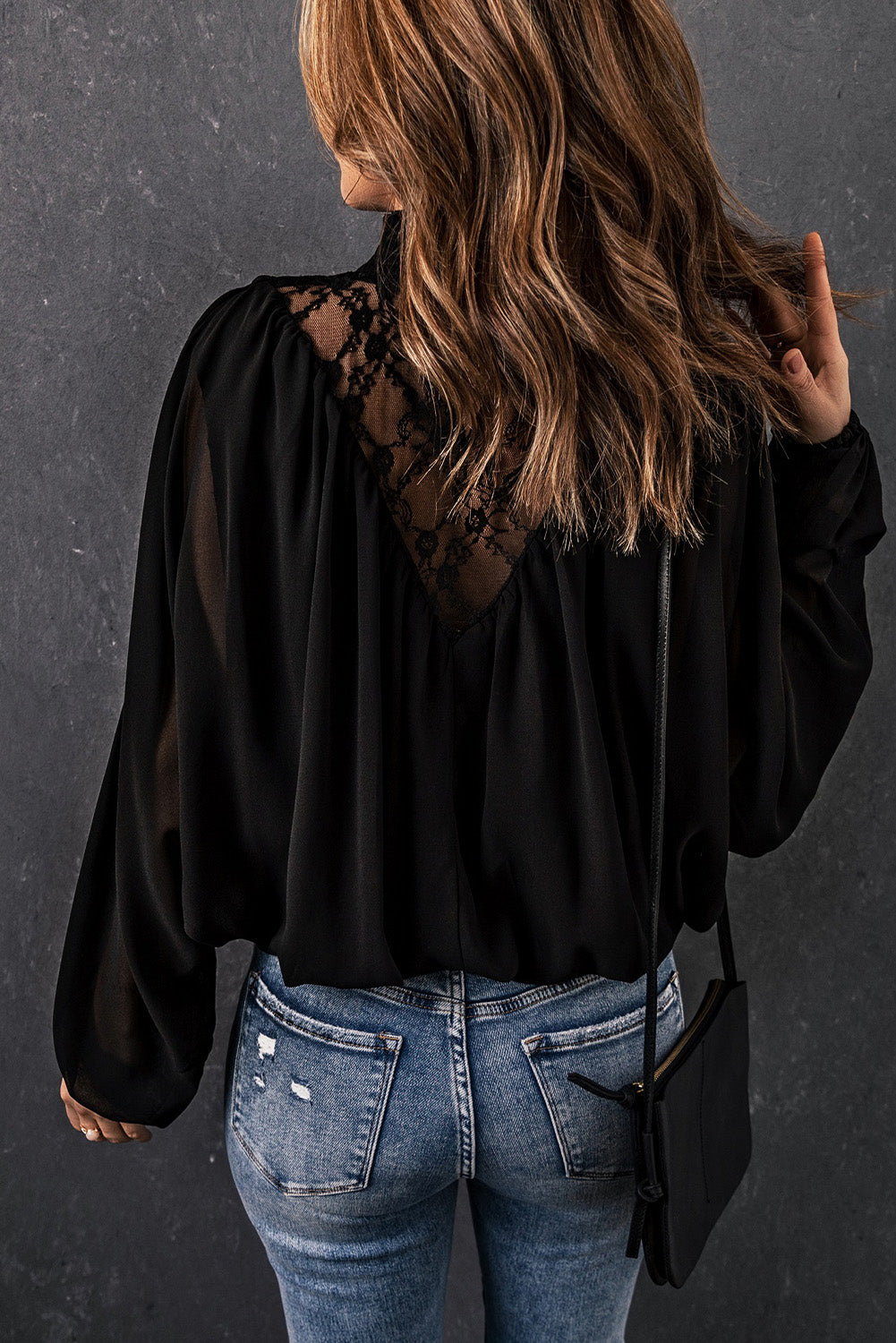 Black Lace Contrast Sheer Frilled Neck Blouse