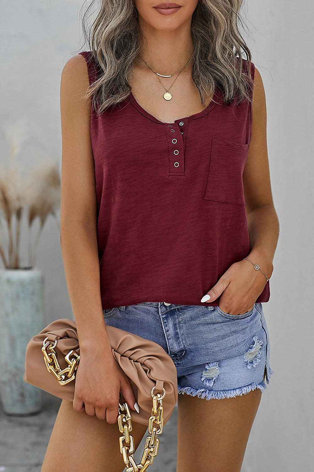 Snap Buttons Scoop Neck Tank with Pocket