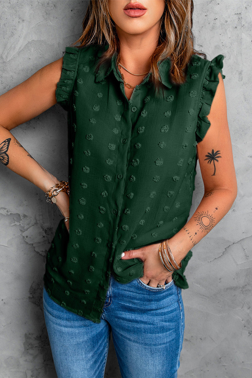 Turn-down Collar Ruffle Polka Dot Tank