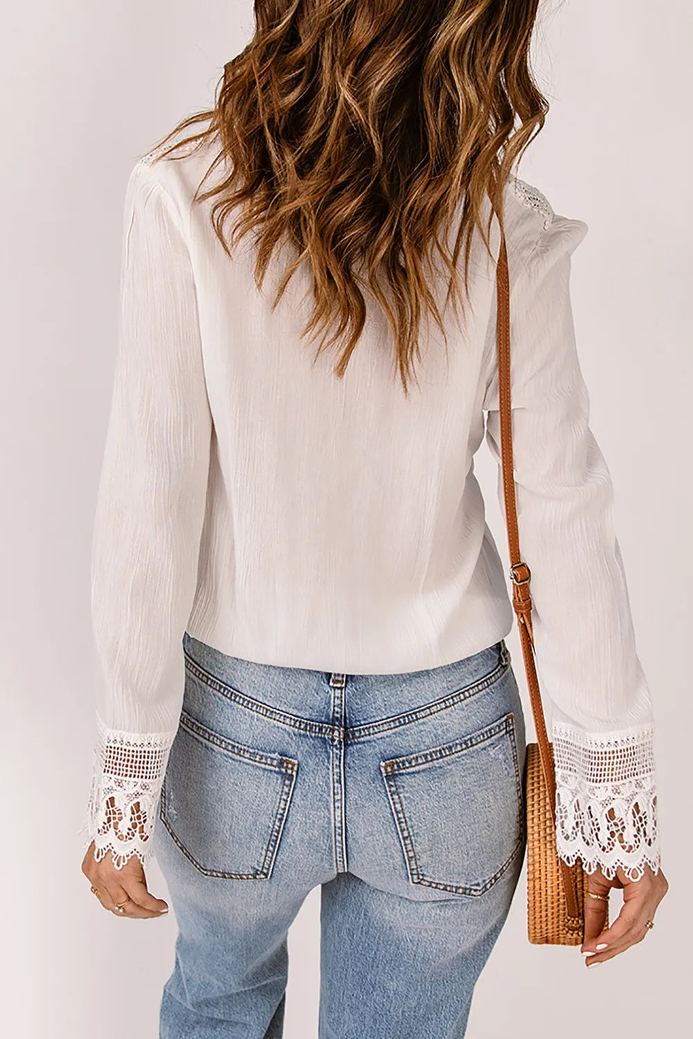 White Bohemian Crochet Detail V Neck Blouse