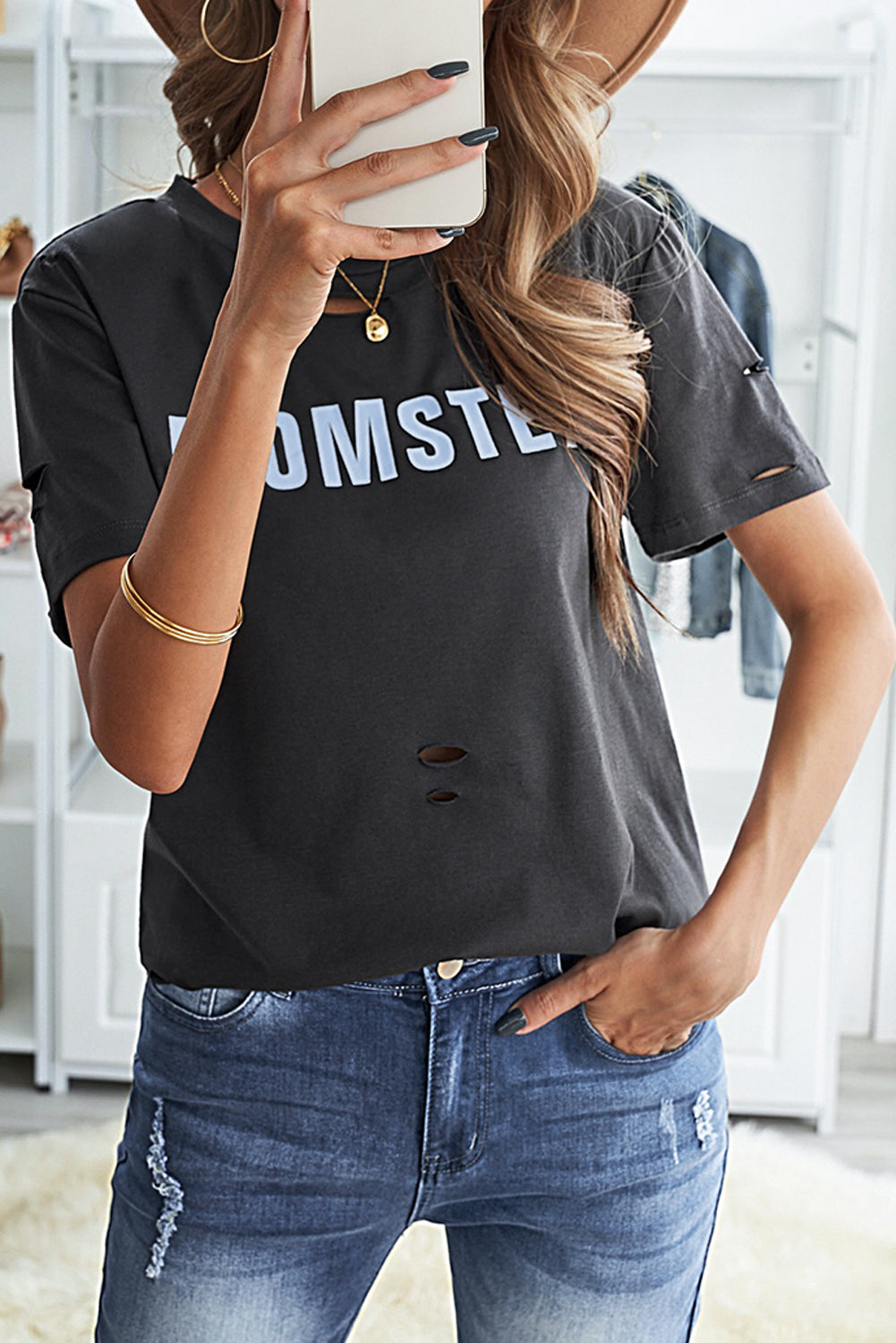 Letter Print Distressed Tee