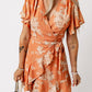 Orange Wrapped V Neck Flutter Sleeve Floral Dress with Ruffle