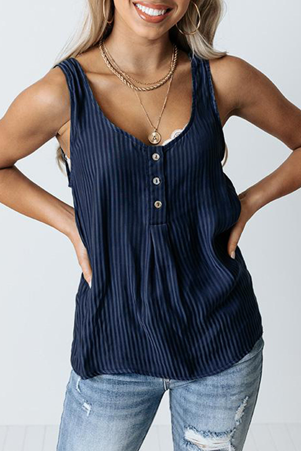 Striped Print Buttons Tank Top