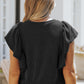 Black Ribbed Knit Ruffled Short Sleeve T Shirt