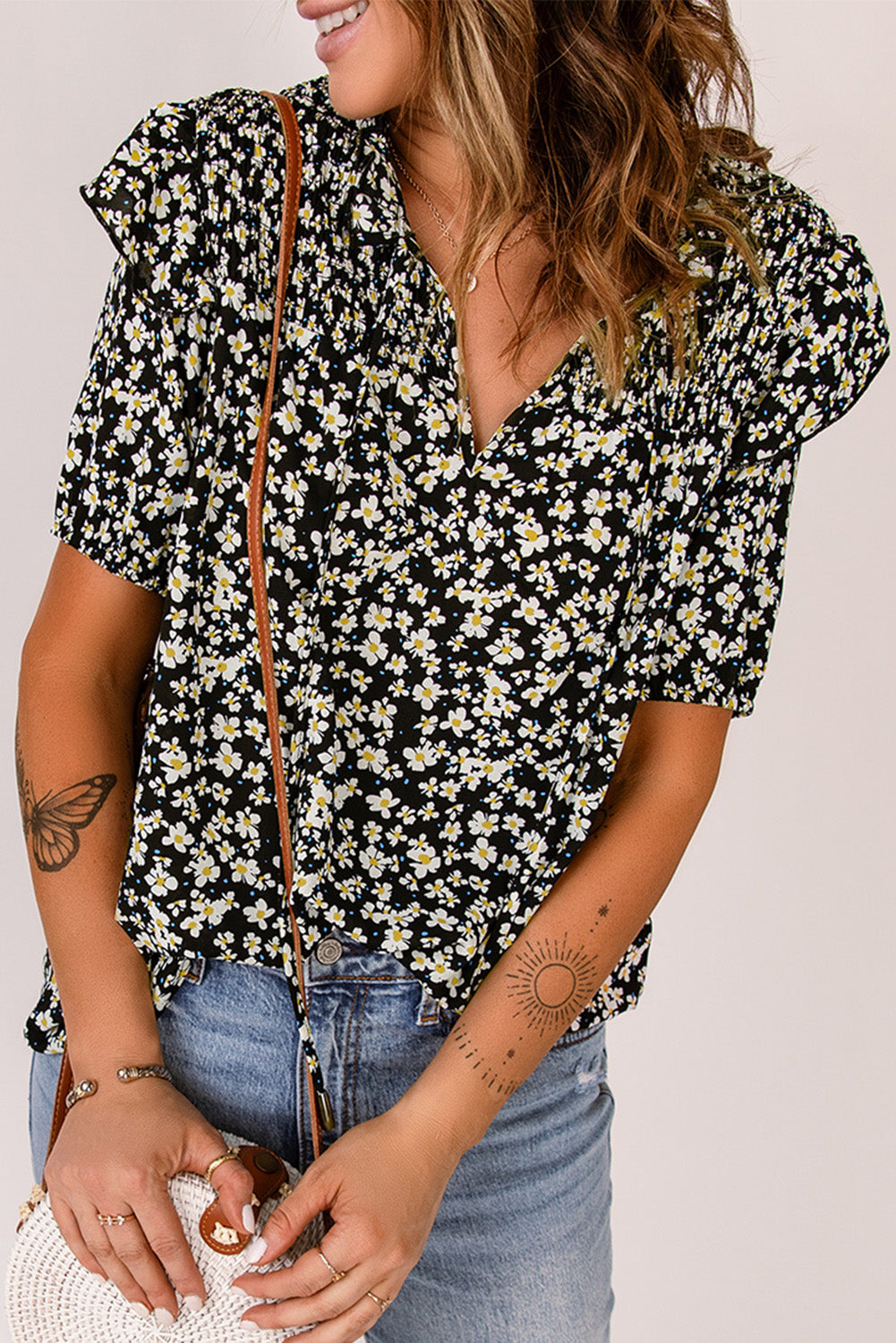 Floral Print Smocked Ruffled V Neck T-shirt