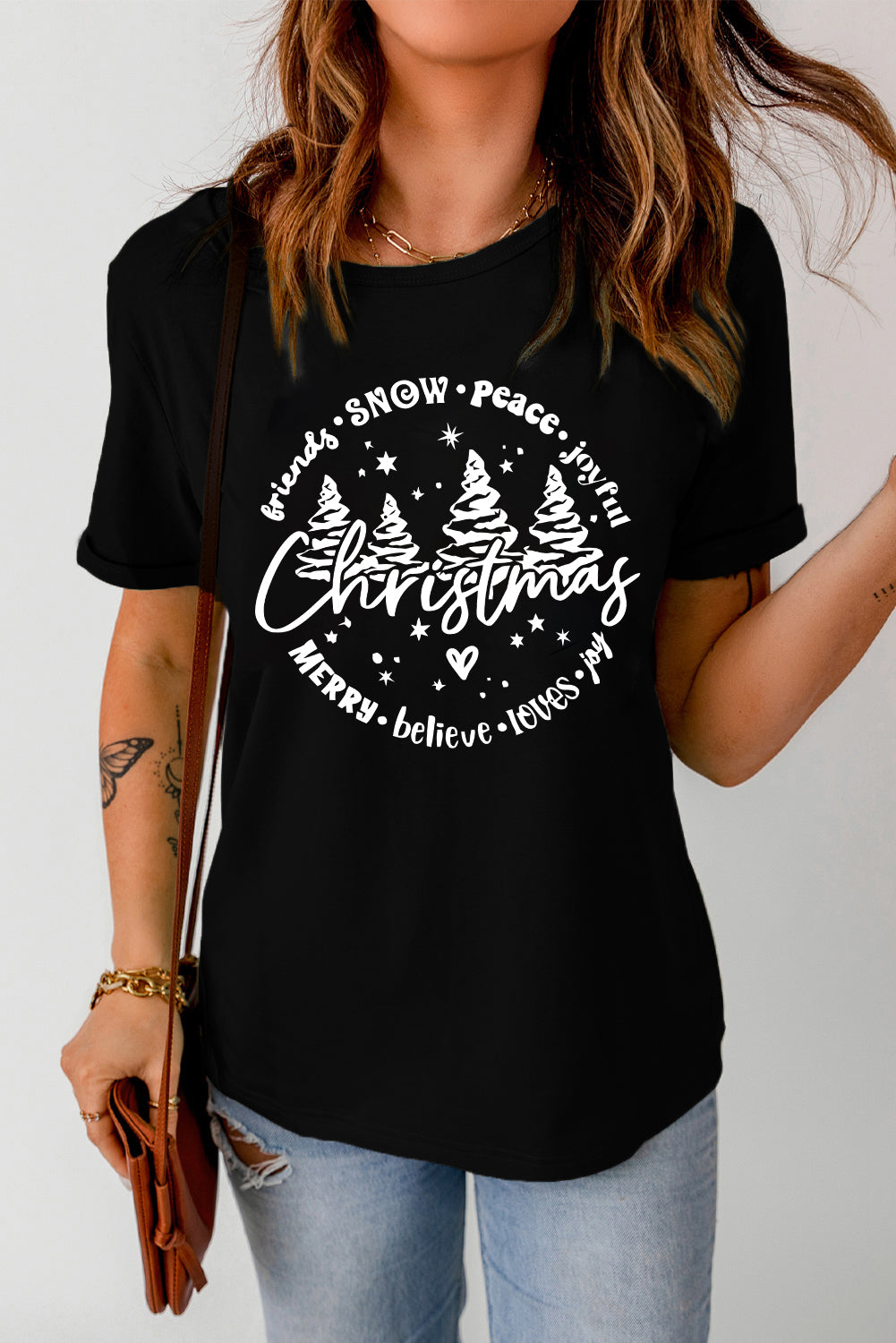 Black Christmas Tree Letter Graphic Print Crew Neck T Shirt