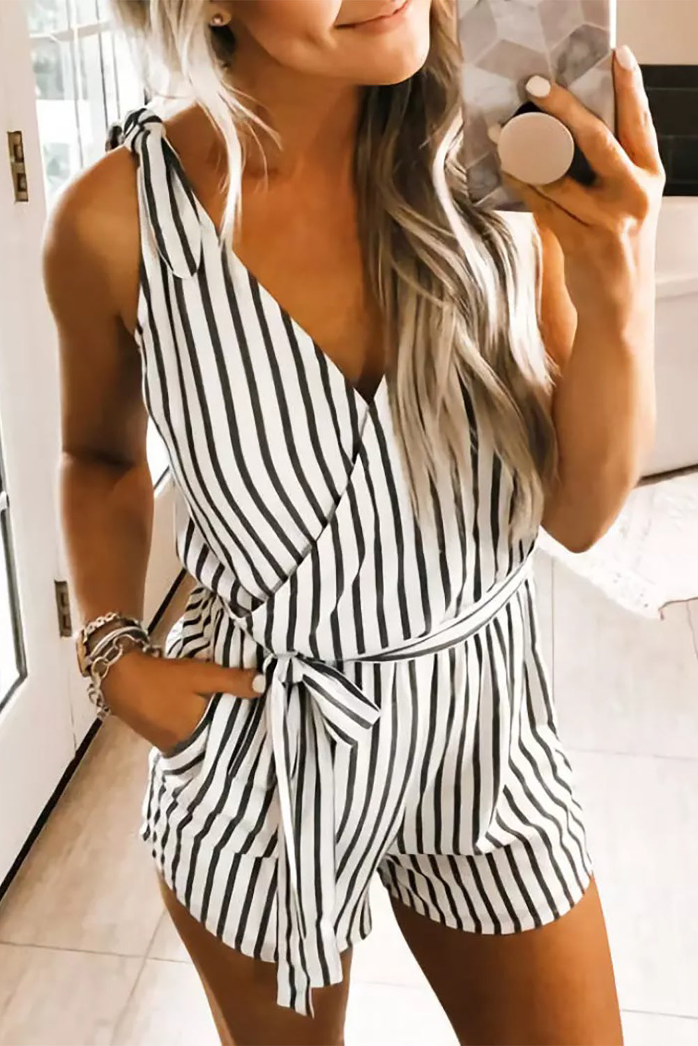 White Striped Print Wrap Sleeveless Romper