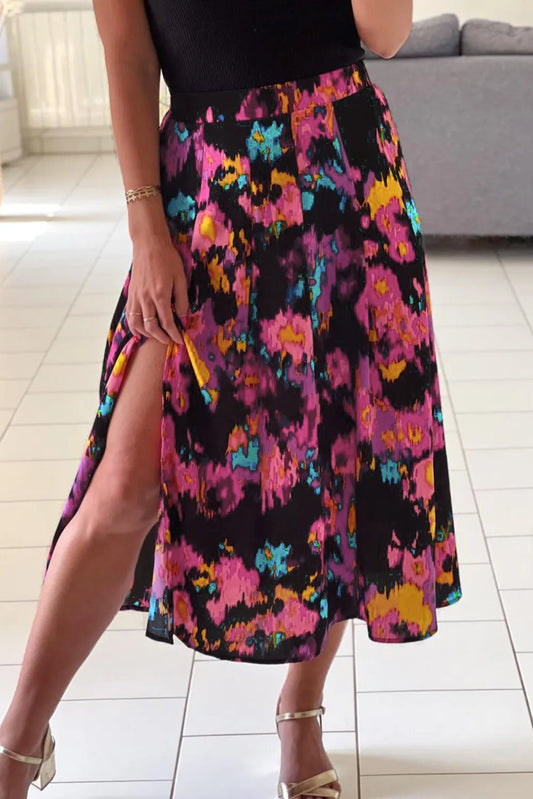 Black Abstract Floral Print Pleated Slit Skirt