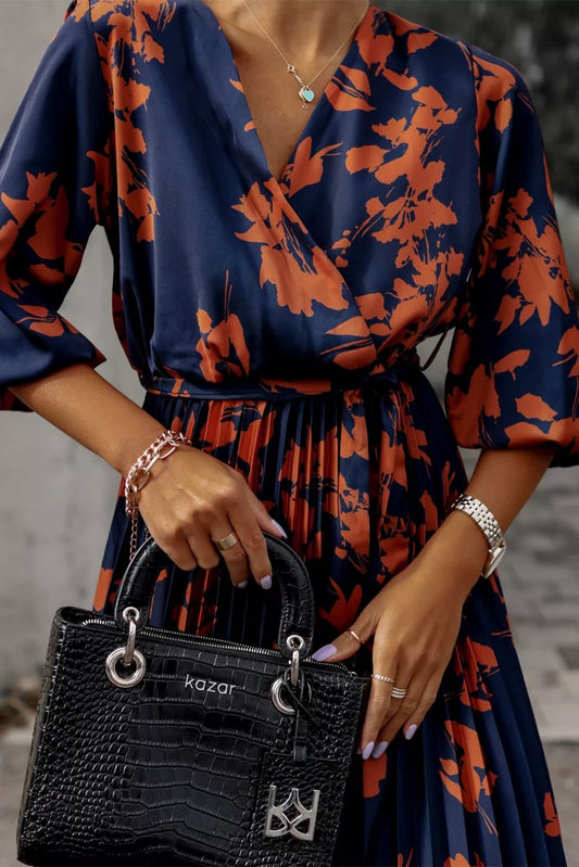 Orange V Neck Wrap Pleated Maxi Floral Dress with Tie
