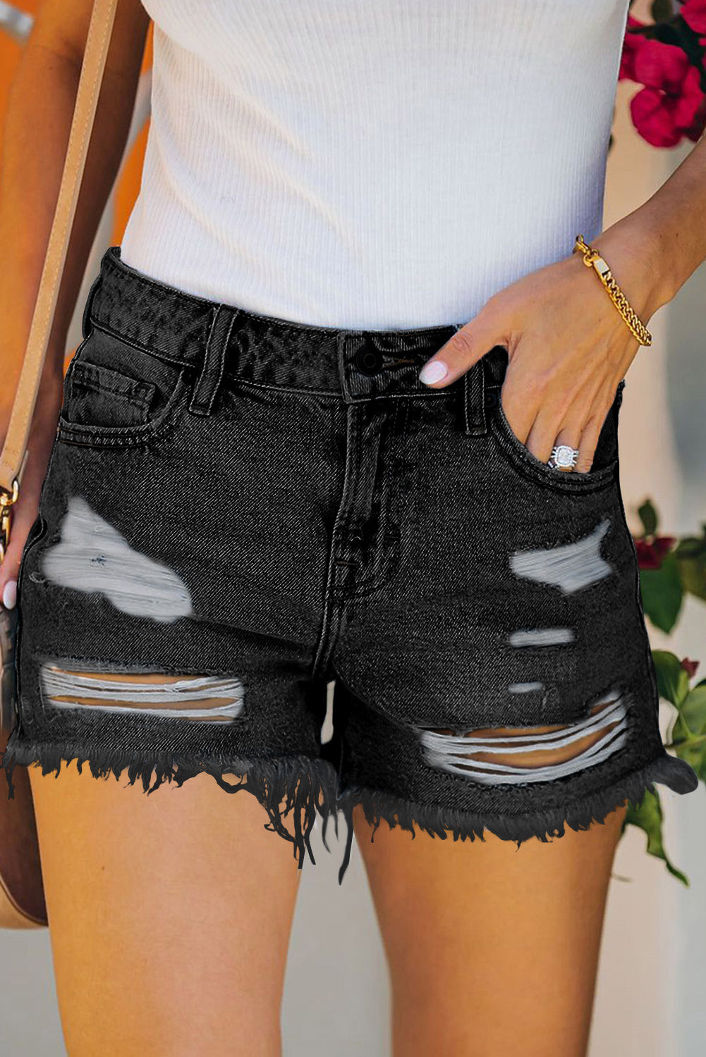 Raw Hem Distressed High Rise Denim Shorts