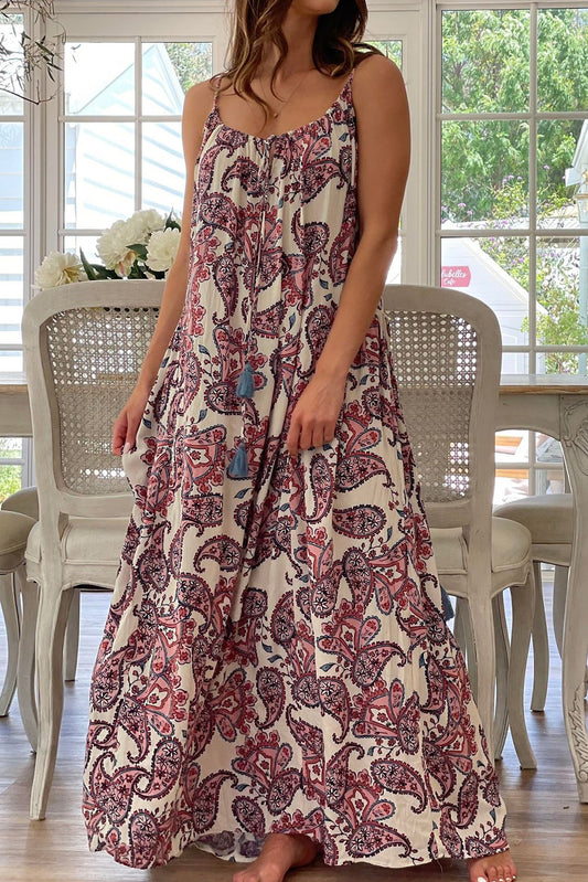 White Boho Paisley Print Spaghetti Straps Maxi Dress