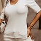 White Round Neck Half Sleeve Ribbed Knit Top