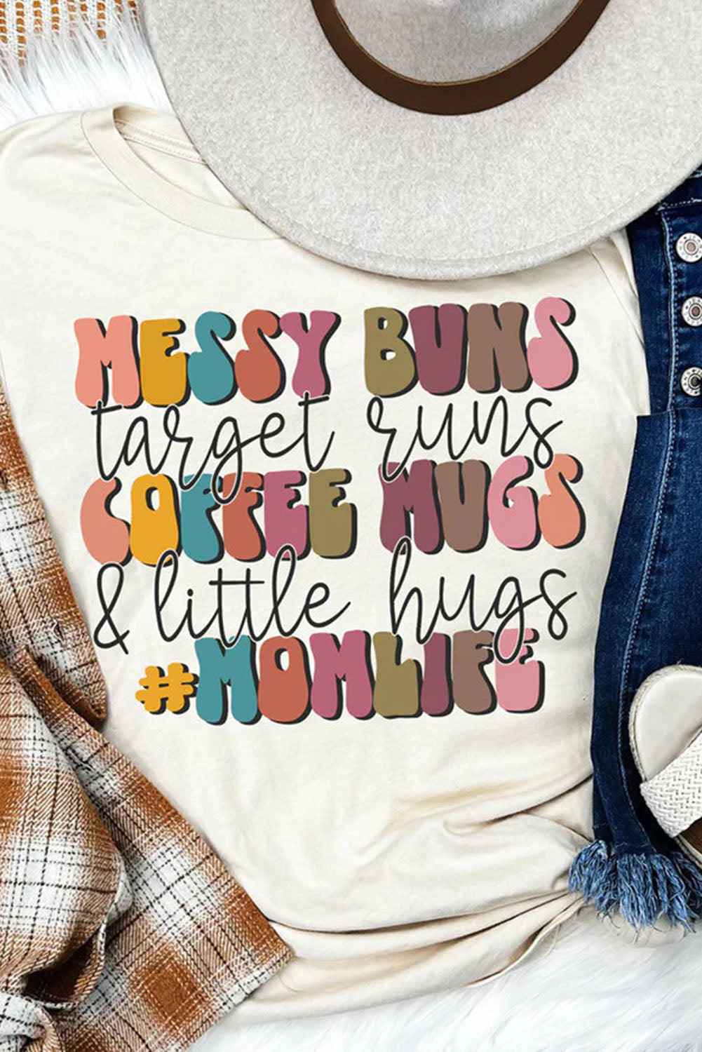 MOMLIFE Slogan Graphic Print Crew Neck T Shirt