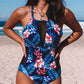 Black Floral Print Mesh Patchwork Criss Cross One-piece Swimsuit