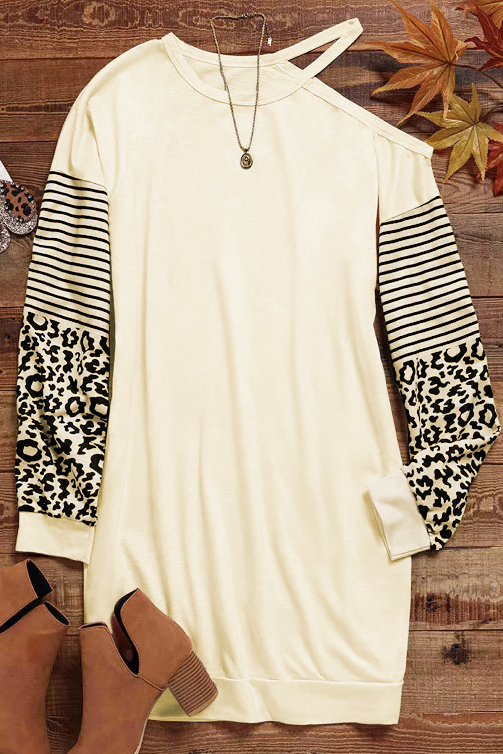 Apricot Leopard Striped Patchwork Cut Out Long Sleeve Mini Dress