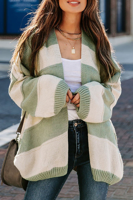 Green Open Front Colorblock Knit Cardigan