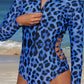 Print Zipper Cut-out Rash Guard Swimsuit